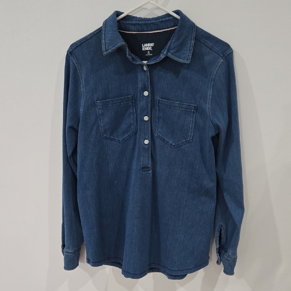 Lands' End Classic Indigo Denim Long Sleeve Button Up Top